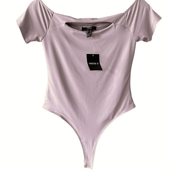 NWT Forever 21 Off Shoulder Short Sleeve Bodysuit Double Lined Thong Mauve - L - Picture 1 of 12